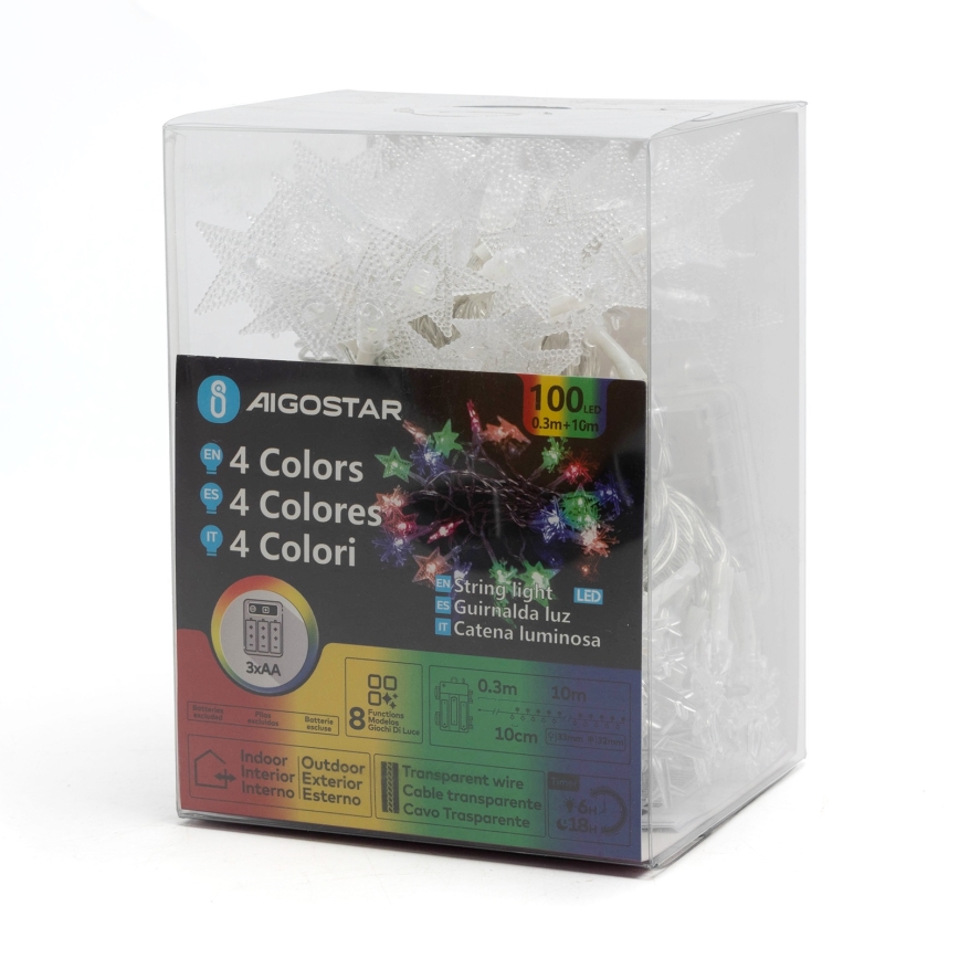 Aigostar - LED RGBY Weihnachts-Lichterkette für den Außenbereich, 100 LEDs, 8 Funktionen, 3× AA, 10 m, IP44, Sterne