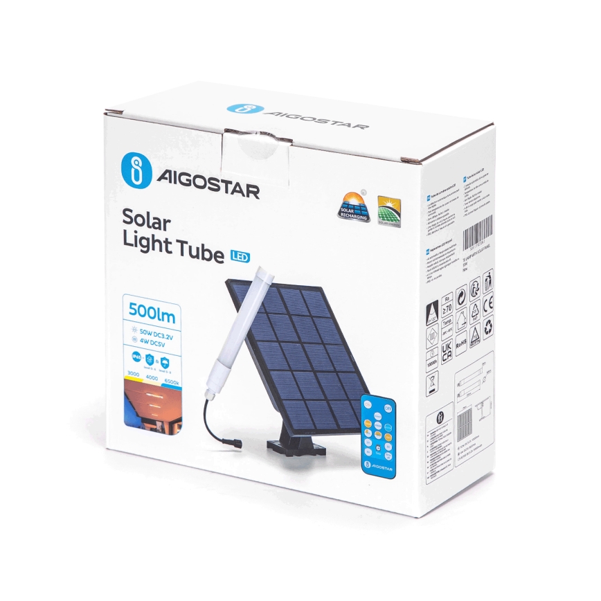 Aigostar - LED dimmbare Röhre mit Solarpanel LED/3,2V 3000K/4000K/6500K IP65 5000 mAh + Fernbedienung