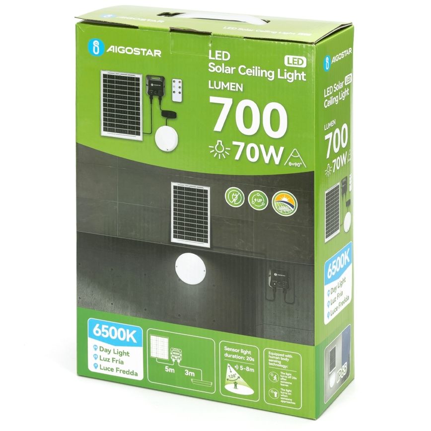 Aigostar - LED-Solar-Deckenleuchte mit Sensor, 70 W, 3,7 V, 6000 mAh, IP65 + Fernbedienung
