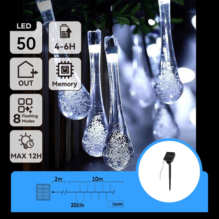 Aigostar - LED Solar-Dekorationskette 50xLED/8 Funktionen 12m IP65 kaltweiß 800 mAh