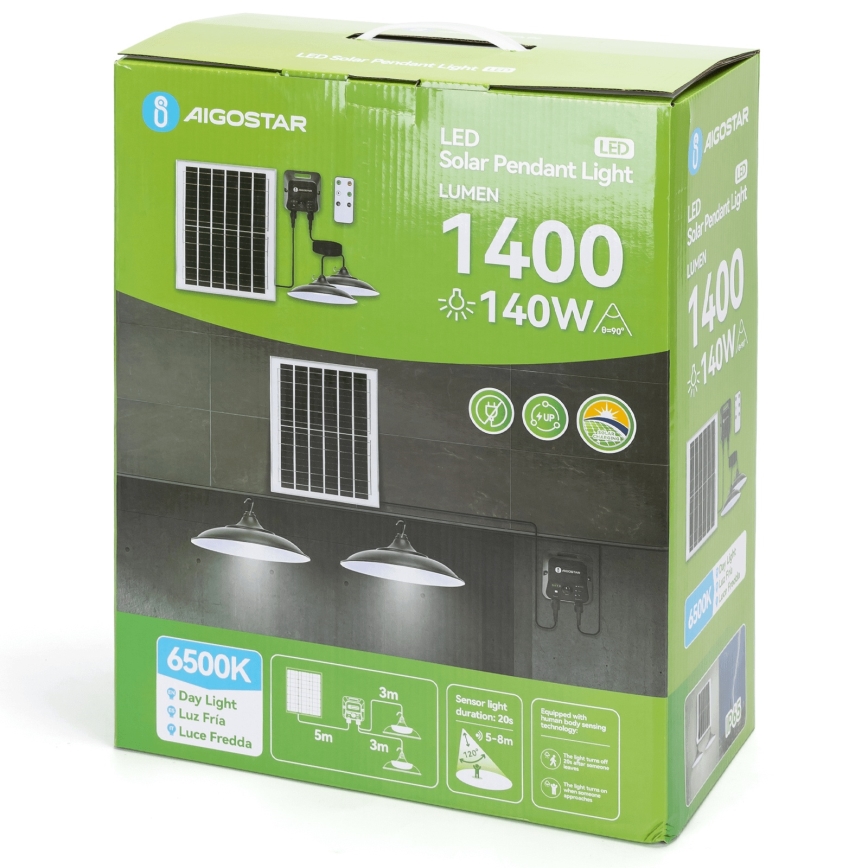Aigostar - LED-Solarleuchte mit Sensor 2x LED/70 W/12 V 12000 mAh 6500 K IP65 Ø 23,5 cm + Fernbedienung