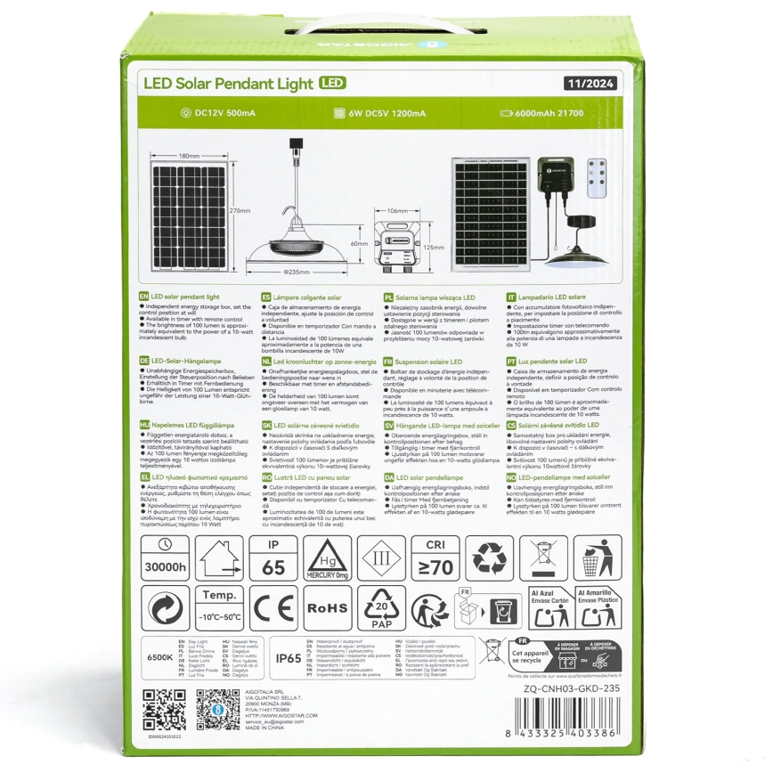 Aigostar - LED-Solar-Hängelampe 70 W / 12 V, 6000 mAh, 6500 K, IP65, Ø 23,5 cm + Fernbedienung