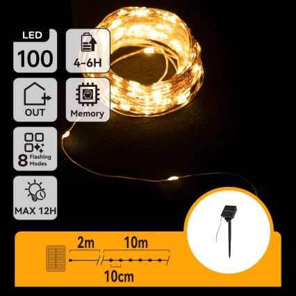 Aigostar - LED-Solar-Lichterkette, 100 LEDs, 8 Funktionen, 12 m, 800 mAh, IP65, warmweiß