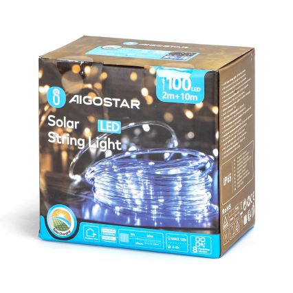Aigostar - LED Solar-Lichterkette 100 LEDs / 8 Funktionen, 12 m, IP65, kaltweiß, 800 mAh