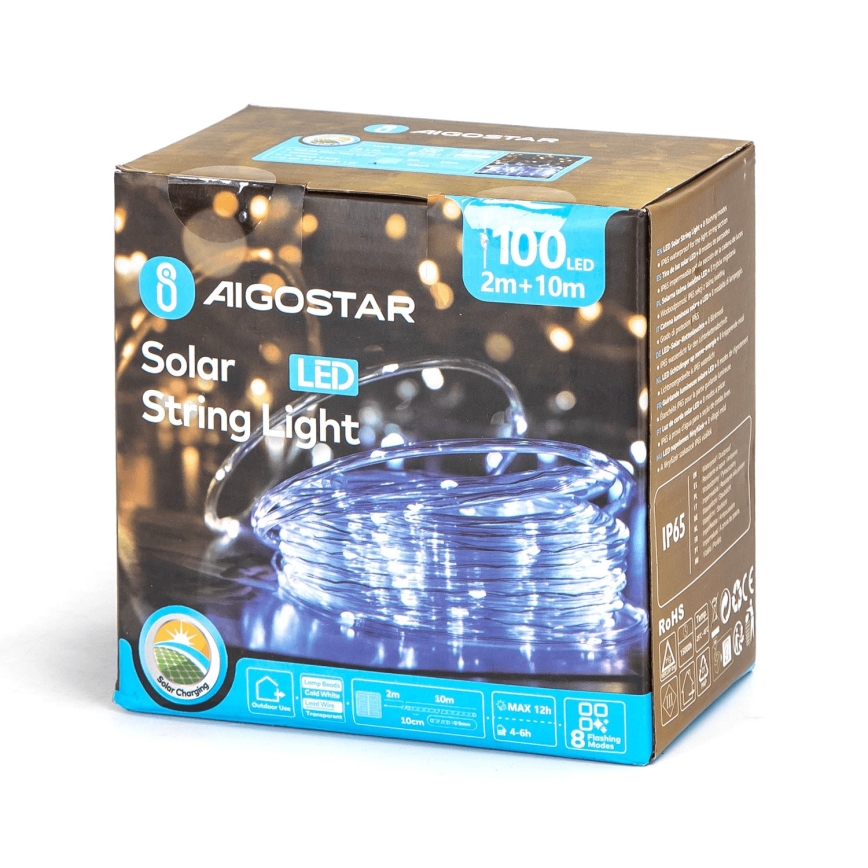 Aigostar - LED Solar-Lichterkette 100 LEDs / 8 Funktionen, 12 m, IP65, kaltweiß, 800 mAh