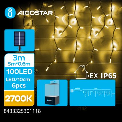 Aigostar - LED-Solar-Lichterkette, 100 LEDs / 8 Funktionen, 8×0,6 m, 800 mAh, IP65, warmweiß