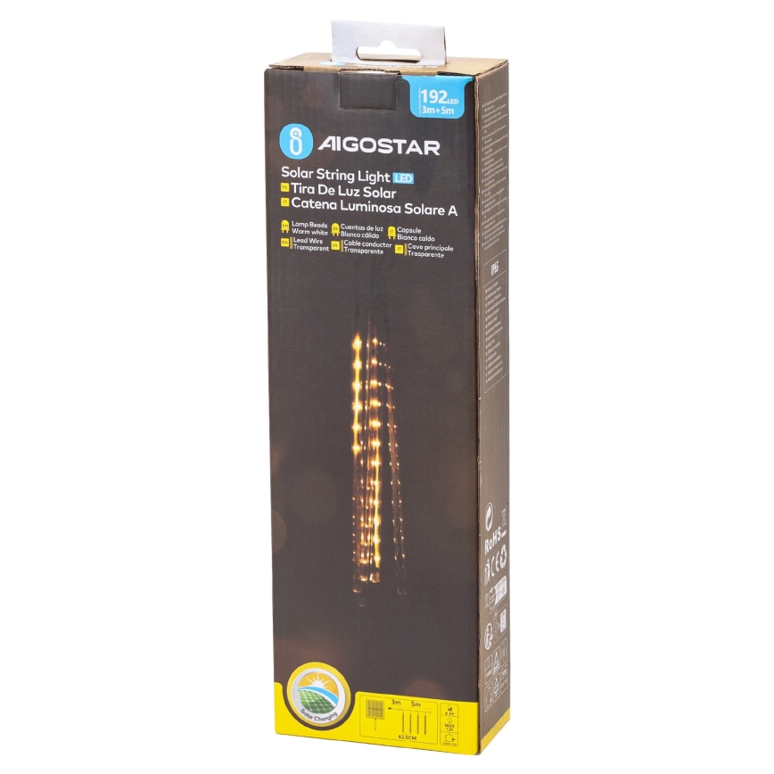Aigostar - LED Solar-Weihnachtslichterkette 192xLED/8m IP65 1200 mAh warmweiß