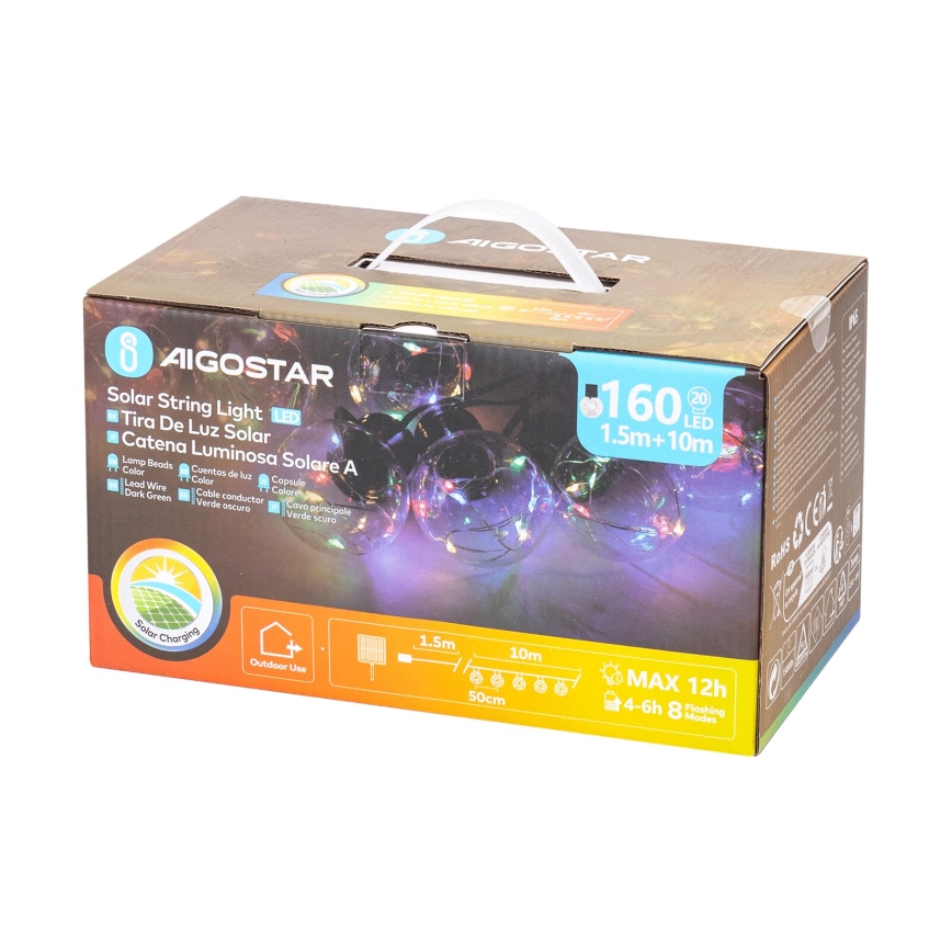 Aigostar - LED Solar-Weihnachtslichterkette 20xLED/8 Funktionen 11,5m IP65 mehrfarbig