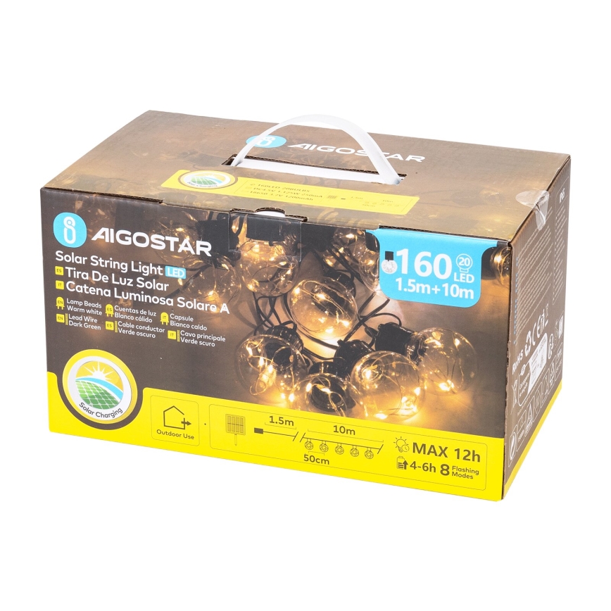 Aigostar - LED Solar-Weihnachtslichterkette 20xLED/8 Funktionen 11,5m IP65 1200 mAh warmweiß
