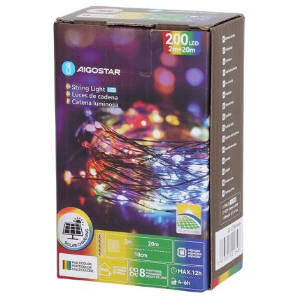 Aigostar - LED-Solar-Lichterkette 200 LEDs / 8 Funktionen, 22 m, IP65, mehrfarbig, 800 mAh
