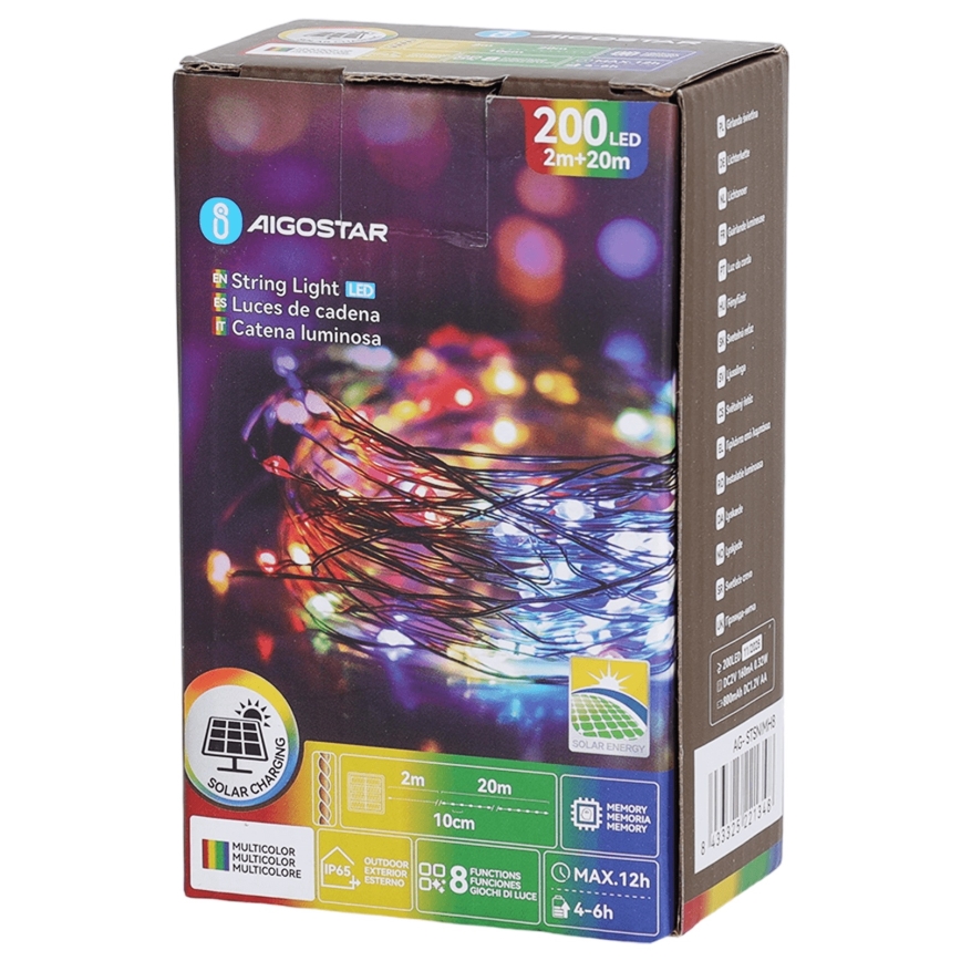 Aigostar - LED-Solar-Lichterkette 200 LEDs / 8 Funktionen, 22 m, IP65, mehrfarbig, 800 mAh