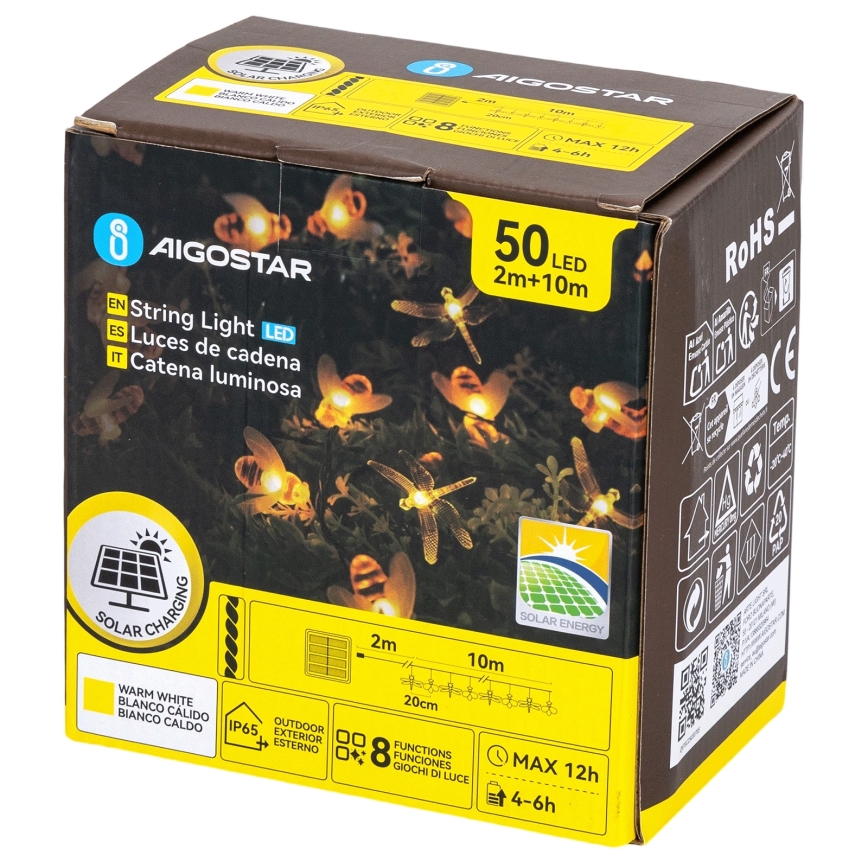 Aigostar - LED-Solar-Dekorations-Lichterkette, 50 LEDs, 8 Funktionen, 10 m, 800 mAh, IP65, warmweiß