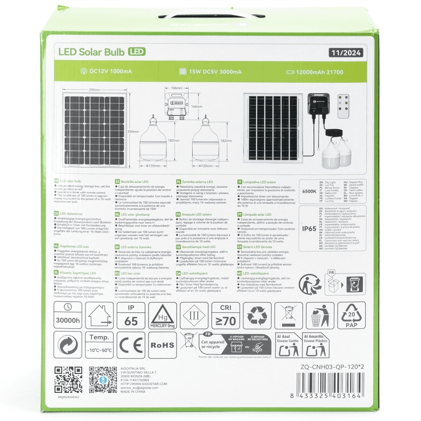 Aigostar - LED Solar-Hängeleuchte 2xLED/70W/12V 12000 mAh 6500K IP65 Ø 12 cm + Fernbedienung