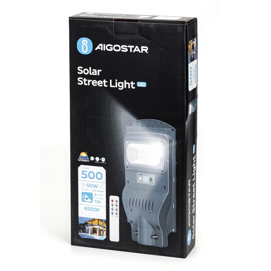 Aigostar - LED Solarstraßenlampe mit Sensor LED/50W/3,2V 5000mAh IP65 6500K + Fernbedienung