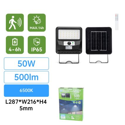 Aigostar - LED-Solar-Straßenleuchte mit Sensor LED/50W/3,2V 1000mAh 6500K + Fernbedienung