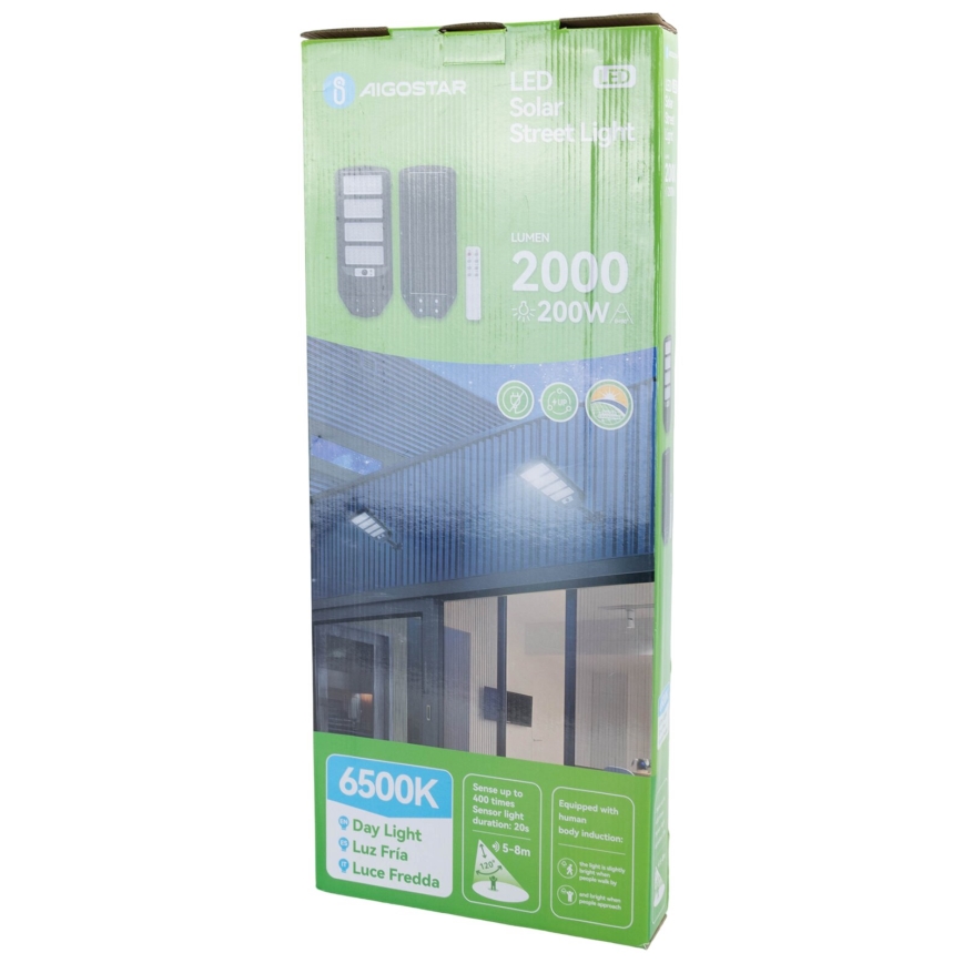 Aigostar - LED-Solar-Straßenlaterne mit Sensor LED/200W/3,2V 12000mAh IP65 6500K + Fernbedienung