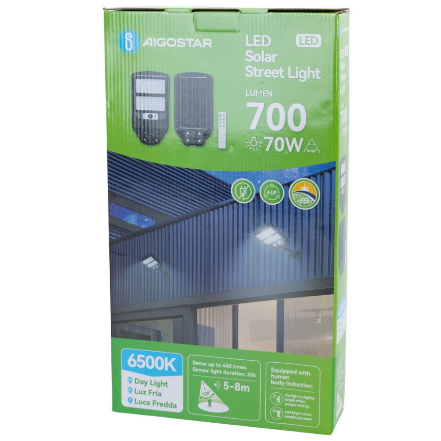 Aigostar - LED-Solar-Straßenlaterne mit Sensor LED/70W/3,2V 4000mAh IP65 6500K + Fernbedienung