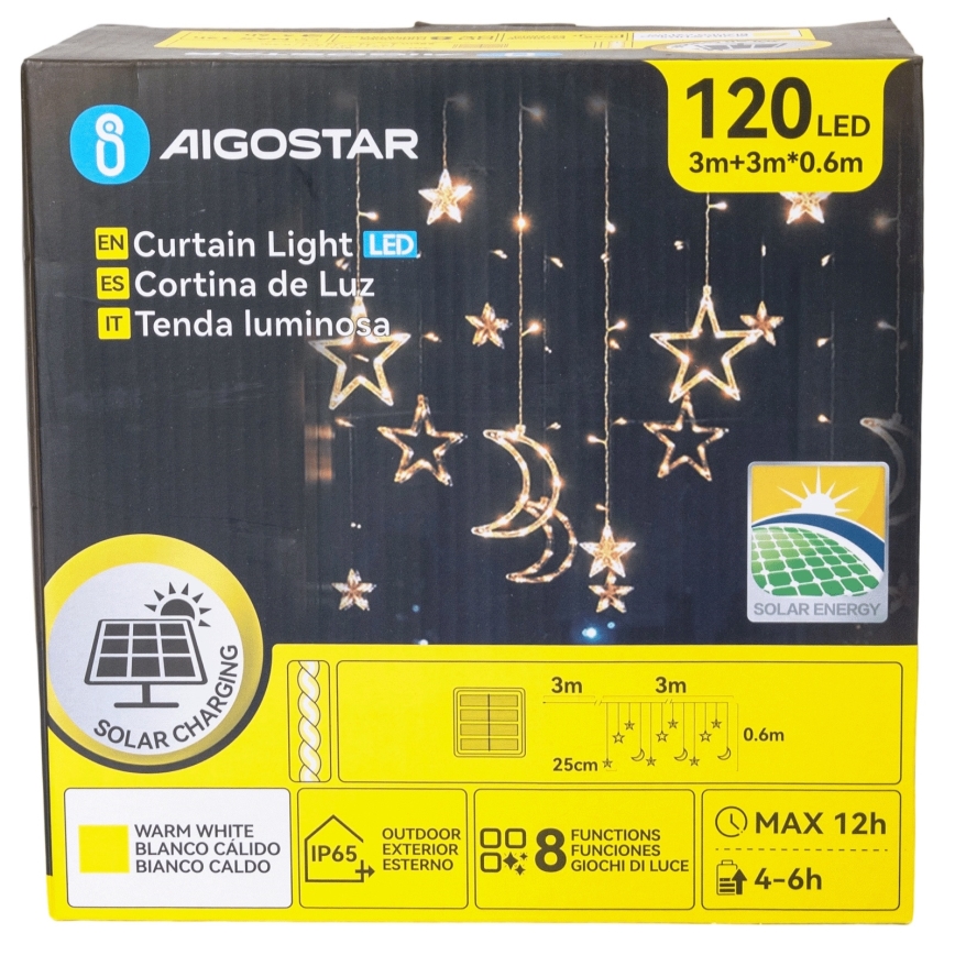 Aigostar – LED-Solar-Weihnachtslichterkette, 120 LEDs, 8 Funktionen, 3×0,6 m, 500 mAh, IP65, warmweiß