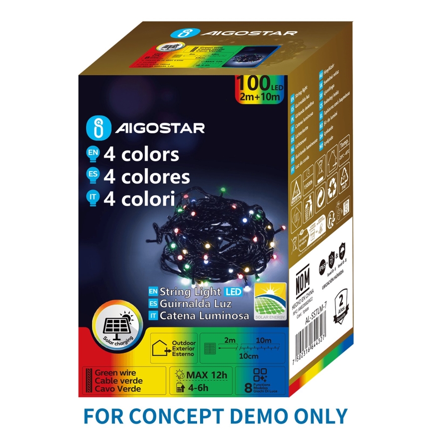 Aigostar - LED-Solar-Weihnachtslichterkette 500 LEDs/8 Funktionen 52 m IP65 mehrfarbig 1200 mAh