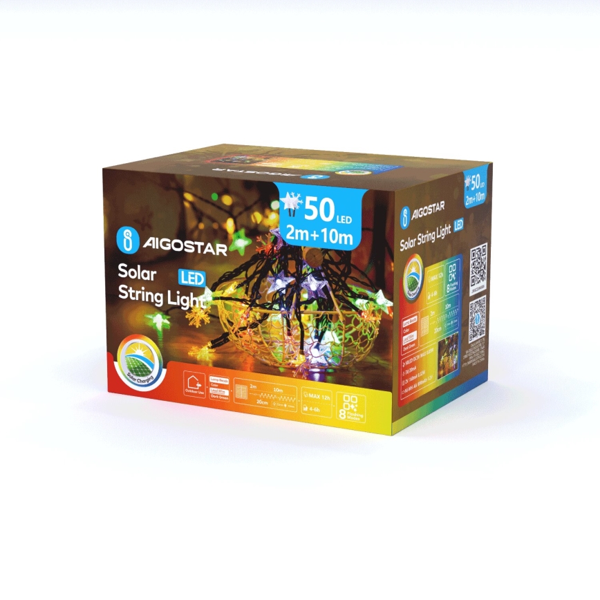 Aigostar - LED Solar-Weihnachts-Lichterkette 50 LEDs / 8 Funktionen 800 mAh 12 m IP65 mehrfarbig