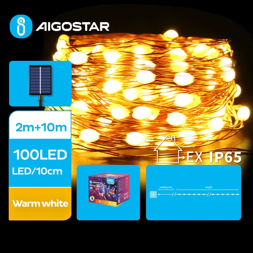 Aigostar - LED-Solar-Weihnachtslichterkette 100xLED/8 Funktionen 12m 800 mAh IP65 warmweiβ