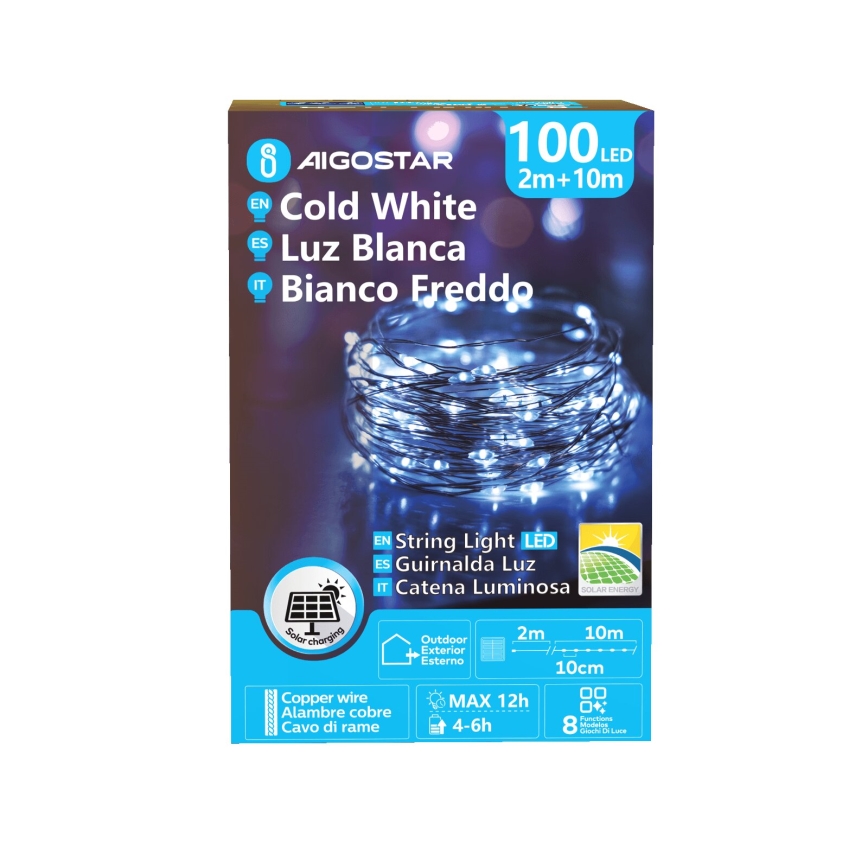 Aigostar - LED-Solar-Weihnachtslichterkette 100xLED/8 Funktionen 12m IP65 800 mAh kaltweiß