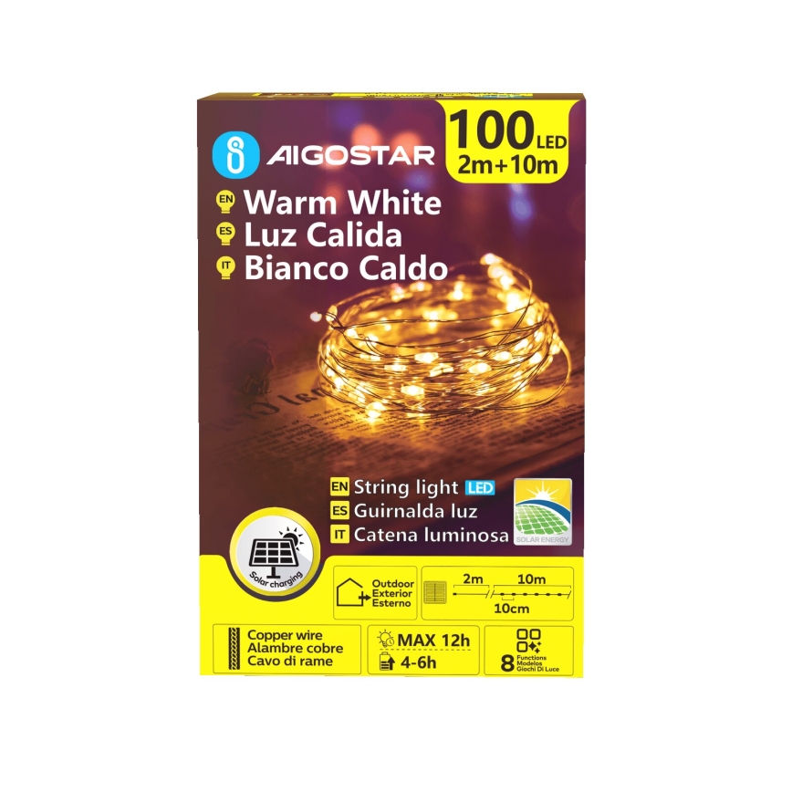 Aigostar - LED-Solar-Weihnachtslichterkette 100xLED/8 Funktionen 12m 800 mAh IP65 warmweiβ