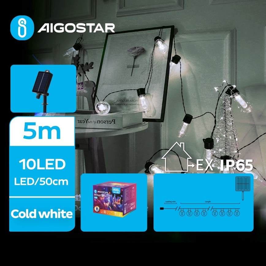 Aigostar - LED-Solar-Weihnachtslichterkette 10xLED/8 Funktionen 6,5m 500 mAh IP65 kaltweiß