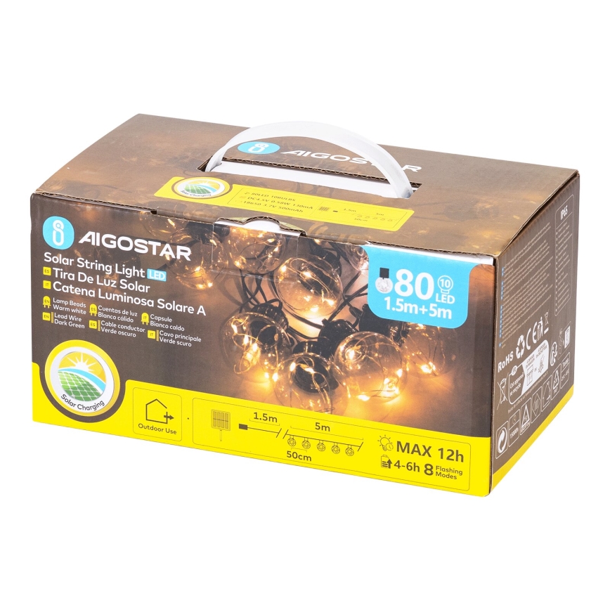 Aigostar - LED Solar Weihnachtslichterkette 10xLED/8 Funktionen 6,5m IP65 warmweiβ