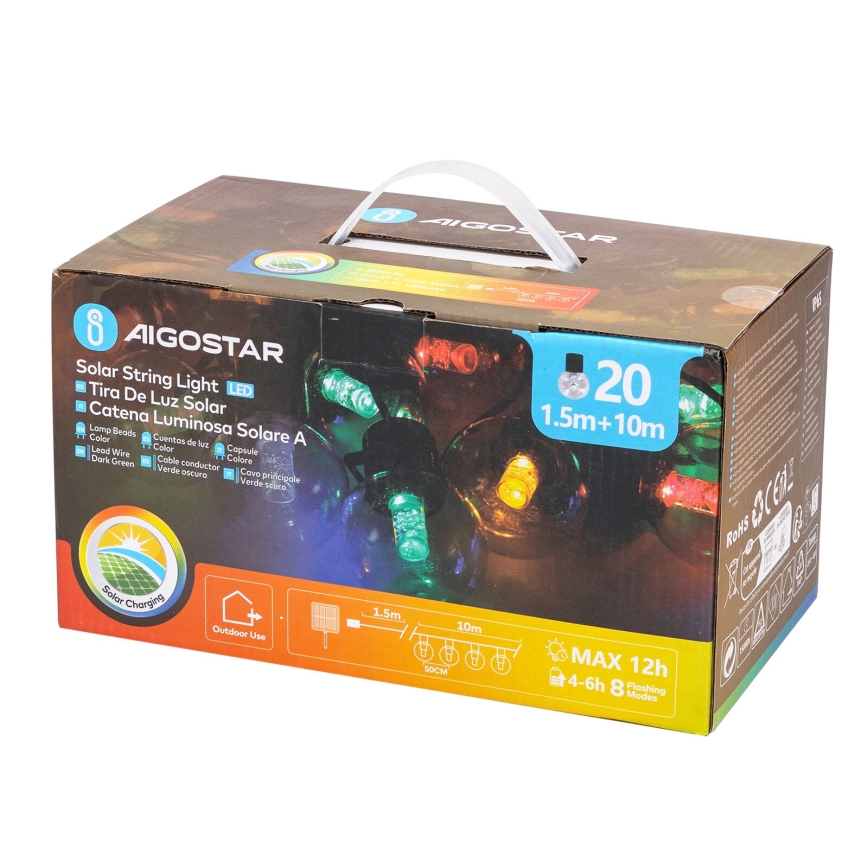 Aigostar - LED-Solar-Weihnachtslichterkette 20xLED/8 Funktionen 11,5m IP65 mehrfarbig