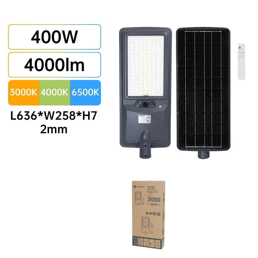 Aigostar - LED-Solar-Straßenleuchte mit Sensor LED/400W/3,2V 4800mAh + Fernbedienung