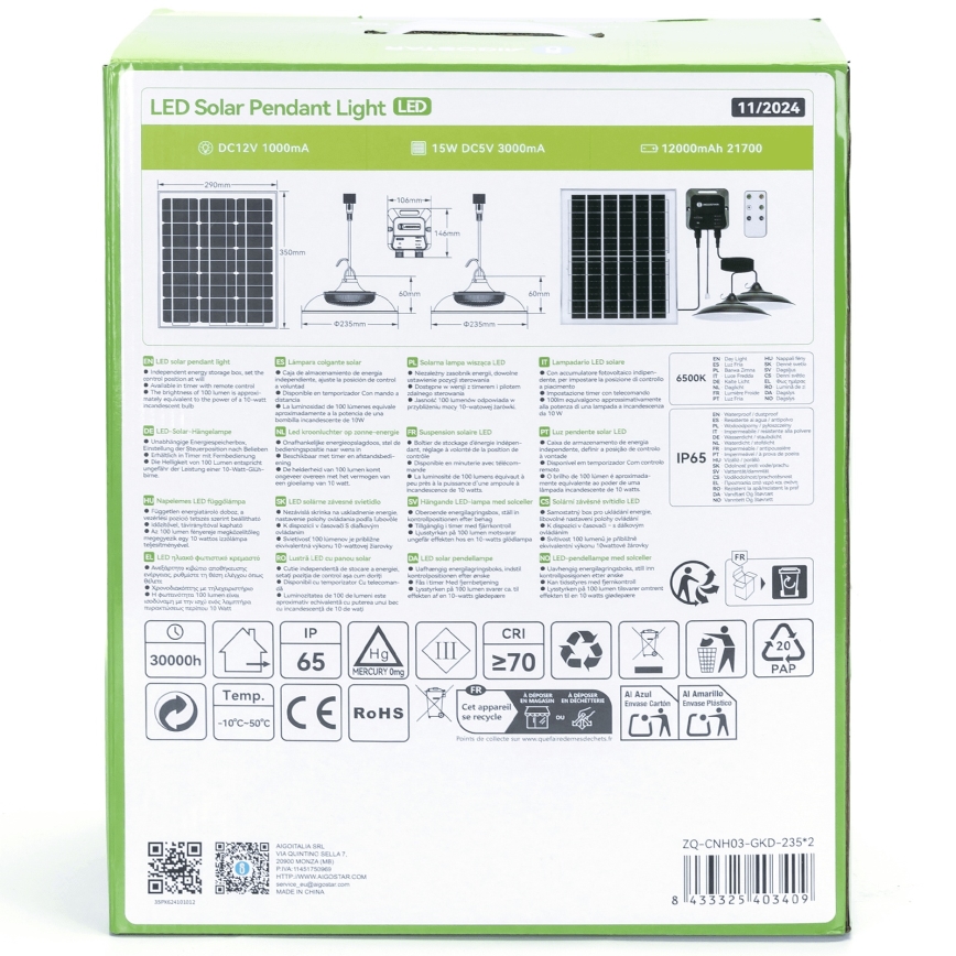 Aigostar - LED-Solarhängeleuchte 2xLED/70W/12V 12000 mAh 6500K d 23,5 cm + Fernbedienung