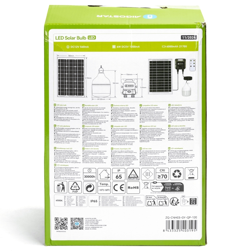 Aigostar - LED-Solarhängeleuchte mit Sensor LED/70W/12V 6000 mAh 6500K d 12 cm + Fernbedienung