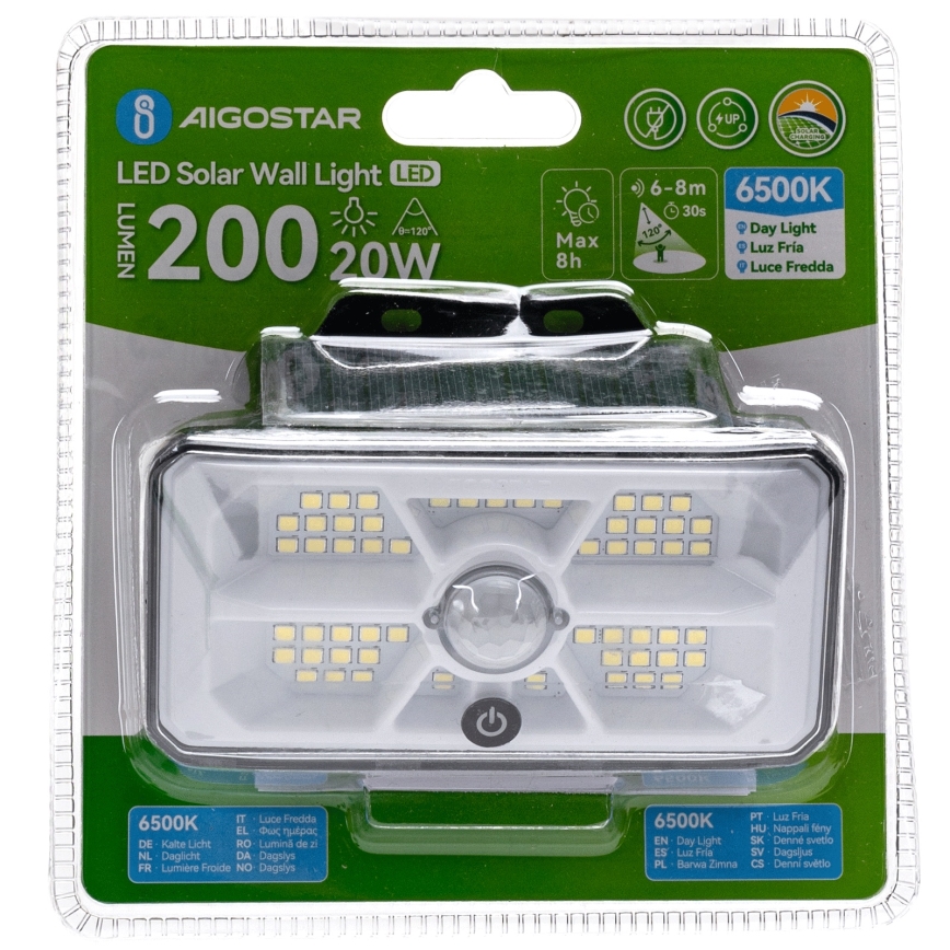 Aigostar - LED Solarlampe mit Sensor LED/3,7V 6500K 500 mAh IP65 Schwarz