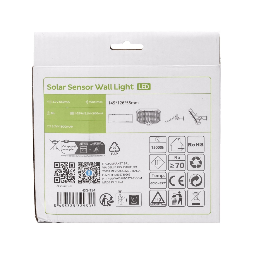 Aigostar - LED-Solarleuchte mit Bewegungssensor LED/2,4W/3,7V IP65