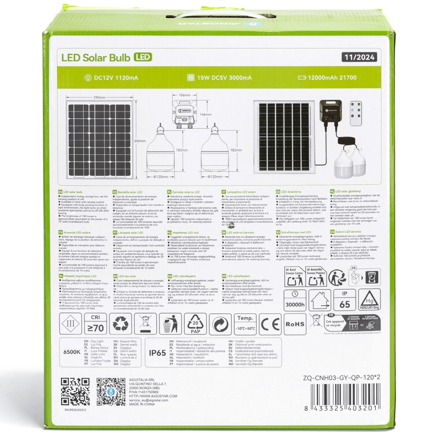 Aigostar - LED-Solarpendelleuchte mit Sensor 2xLED/70W/12V 12000 mAh 6500K IP65 Ø 12 cm + Fernbedienung