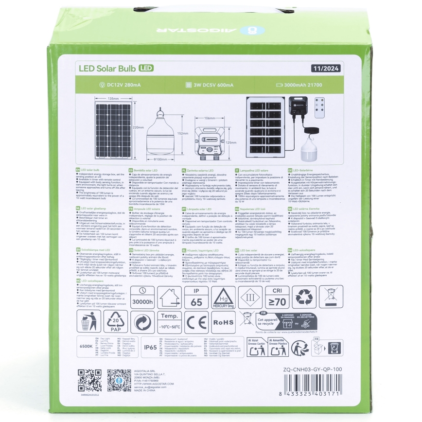 Aigostar - LED Solar-Pendelleuchte mit Sensor, 35 W, 12 V, 3000 mAh, 6500 K, IP65, Ø 10 cm + Fernbedienung