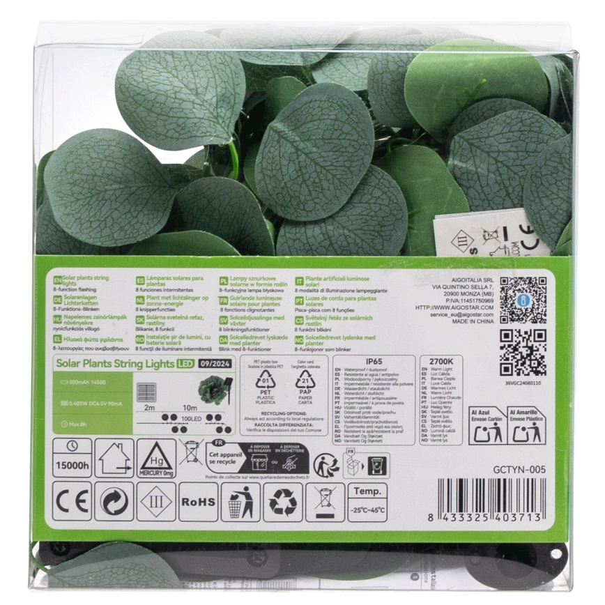 Aigostar - LED-Solarlichterkette 100xLED/12m IP65 warmweiβ Eukalyptus