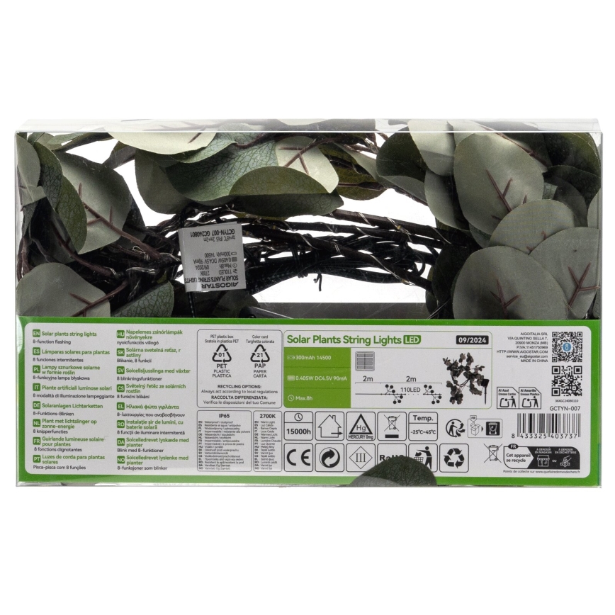 Aigostar - LED-Solarlichterkette 110xLED/4m IP65 warmweiβ Eukalyptus