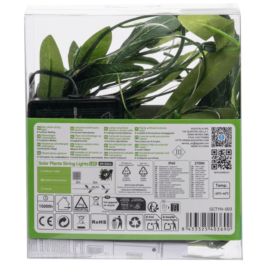 Aigostar - LED-Solarlichterkette 50xLED/7m IP65 warmweiβ Olive