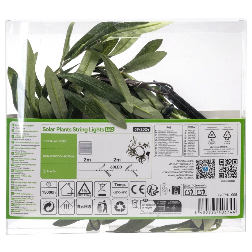 Aigostar - LED-Solarlichterkette 60xLED/4m IP65 warmweiβ Olive