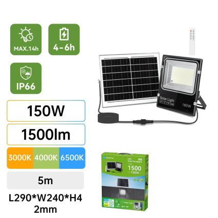 Aigostar - LED-Solarreflektor LED/150W/3,2V 3000mAh 3000K/4000K/6500K IP66 + Fernbedienung