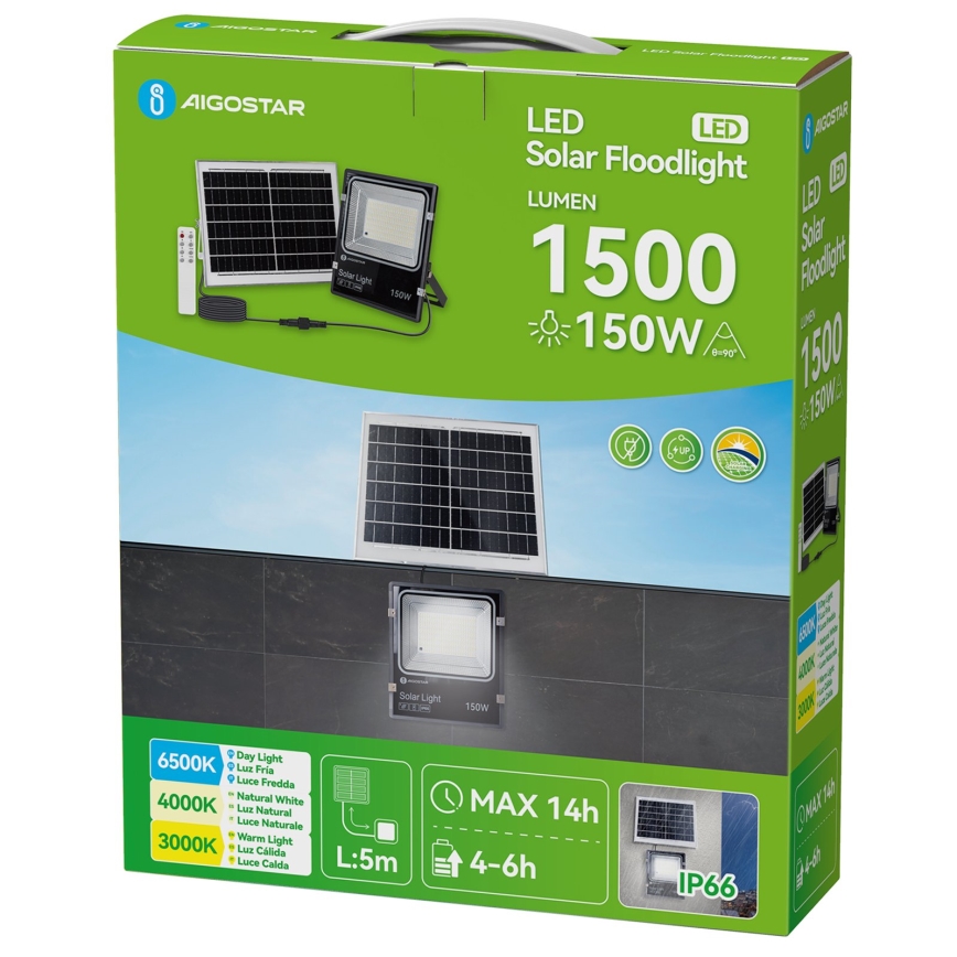Aigostar - LED-Solarreflektor LED/150W/3,2V 3000mAh 3000K/4000K/6500K IP66 + Fernbedienung