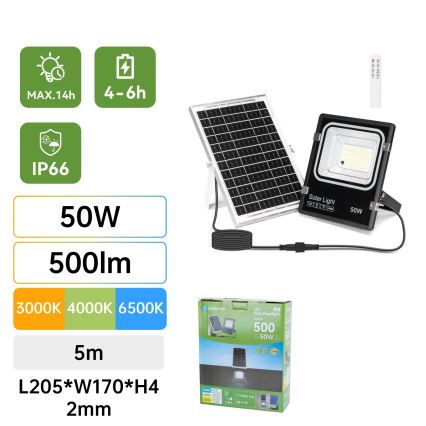 Aigostar - LED Solarstrahler LED/50W/3,2V 1200mAh 3000K/4000K/6500K IP66 + Fernbedienung