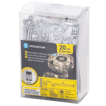 Aigostar - LED Weihnachtskette 20xLED/3xAA 2 m warmweiß silber