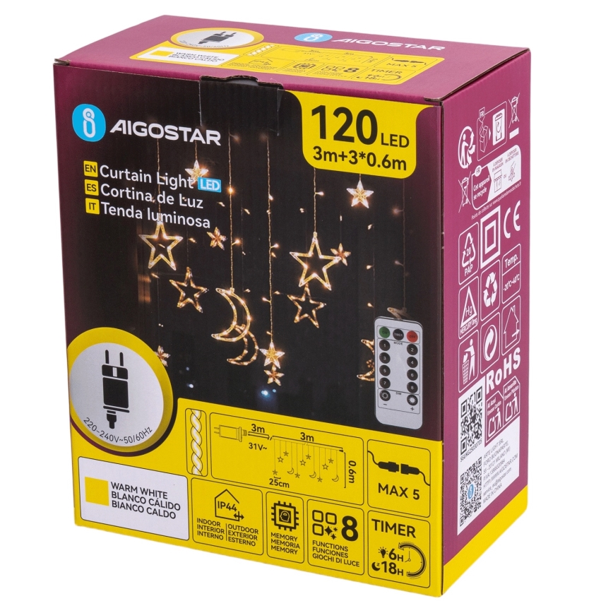 Aigostar - LED-Außen-Weihnachtslichterkette 120 LEDs/6W/230V/8 Funktionen 3x0,6m IP44 warmweiß + Fernbedienung