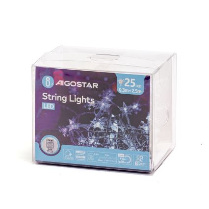 Aigostar - LED-Lichterkette für den Außenbereich, 25 LEDs / 8 Funktionen, 3×AA, 2,5 m, IP44, kaltweiß