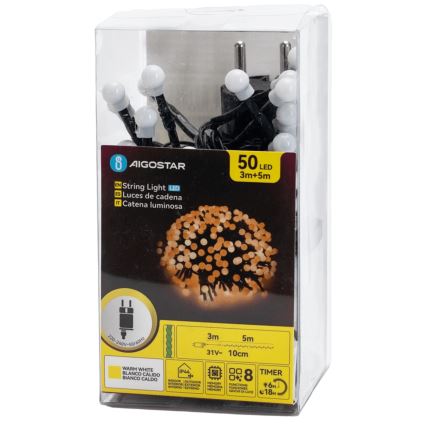Aigostar - LED-Weihnachts-Lichterkette für den Außenbereich, 50 LEDs, 8 Funktionen, 8 m, IP44, warmweiß
