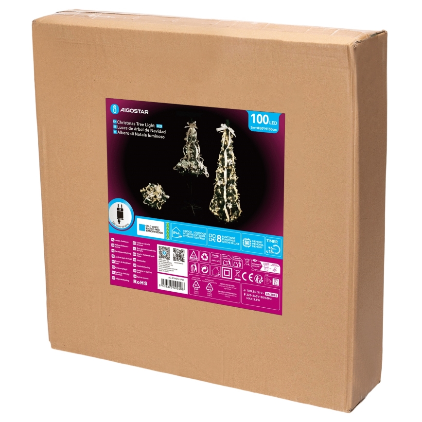 Aigostar - LED-Außen-Weihnachtsbaum 100 LEDs, 1,5 m, IP44, weiß/gold, kaltweiß