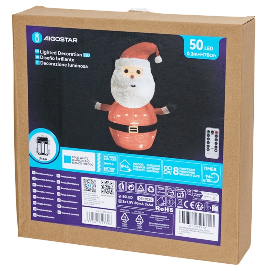 Aigostar - LED-Weihnachtsdekoration für den Außenbereich 50xLED/3xAA 0,7m IP44 kaltweiß Weihnachtsmann